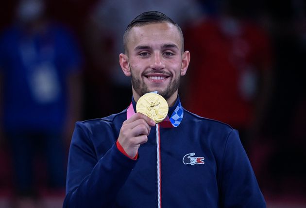 Le français Steven Da Costa lors de sa victoire olympique en Karaté Kumité -67kg hommes, le 5 août aux JO de Tokyo.