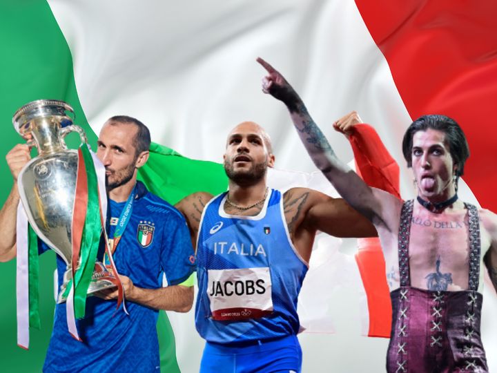 Chiellini, futbolista de la selección italiana con la copa de la Eurocopa; el velocista Marcell Jacobs; y Damiano David, cantante de Måneskin.