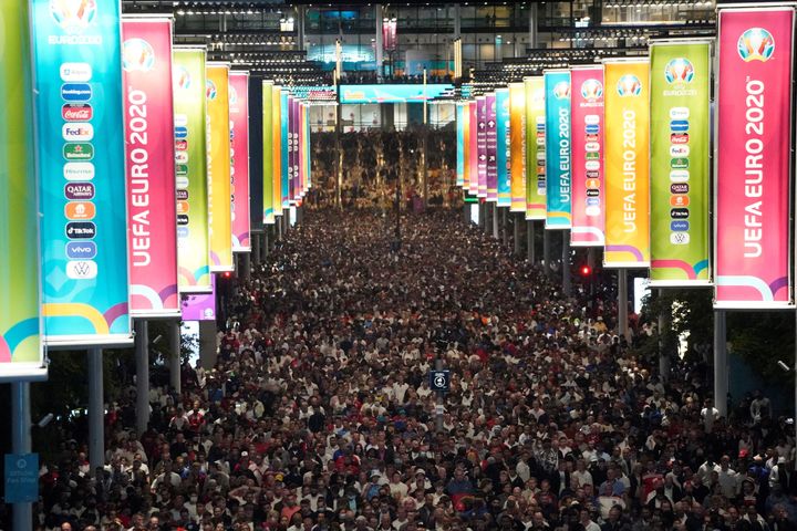 The crowds leaving the Euro 2020 final in Wembley stadium in July