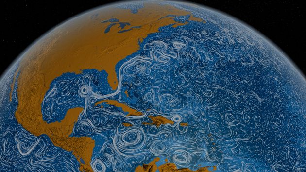 Une image fixe montrant le Gulf Stream autour de l'Amérique du Nord. Une visualisation de certains des courants océaniques de surface du monde de juin 2005 à décembre 2007, fournie dans cette photo par la NASA le 27 mars 2012. 