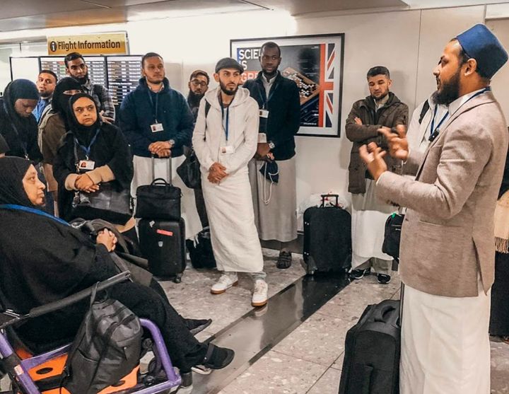 Zain (far right) with pilgrims making their way from London to Makkah.
