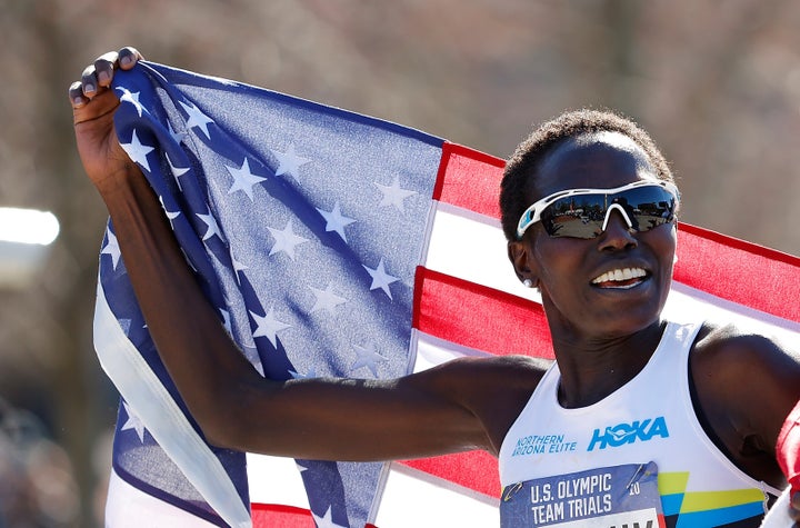 Aliphine Tiliamuk reacts after winning the Women's U.S. Olympic marathon team trials on February 29, 2020 in Atlanta, Georgia. (Photo by Kevin C. Cox/Getty Images)