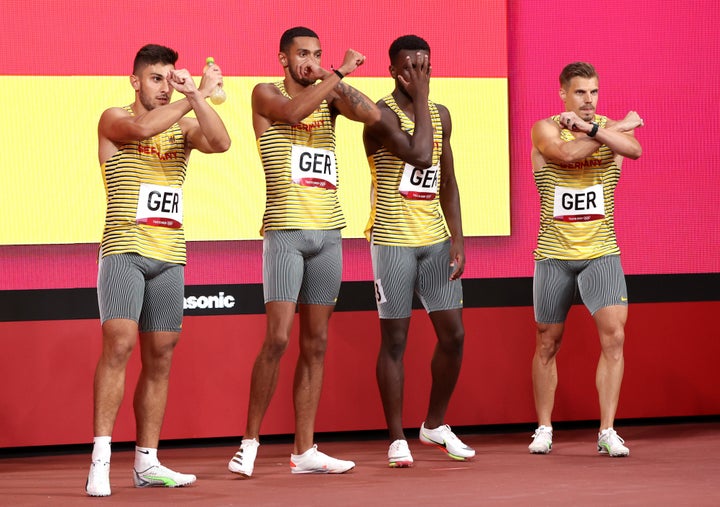 TOKYO, JAPAN - AUGUST 06: Members of Team Germany pose before competing in the men's 4x100m relay final on day fourteen of the Tokyo 2020 Olympic Games at Olympic Stadium on August 06, 2021 in Tokyo, Japan. (Photo by Cameron Spencer/Getty Images)