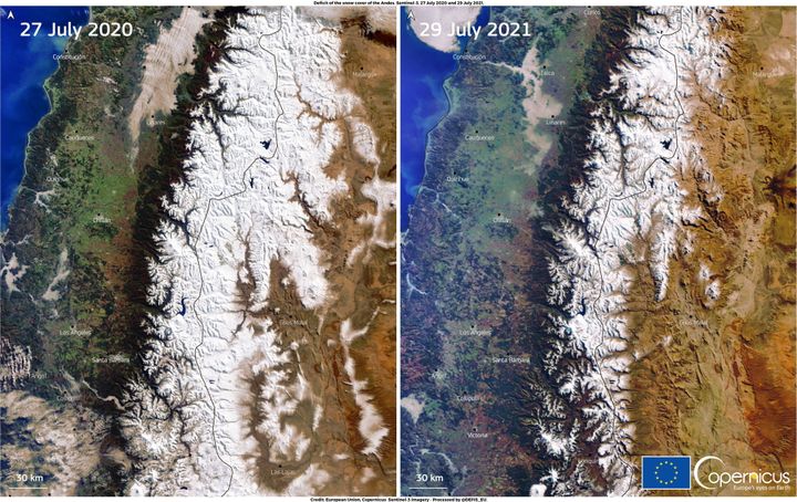 A combination of images, acquired by one of the Copernicus Sentinel-3 satellites, shows the snow deficit affecting the Andes mountain range in South America. Pictures taken July 27, 2020, and July 29, 2021.
