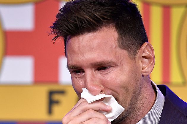 Lionel Messi lors d'une conférence de presse au stade du Camp Nou, à Barcelona, le 28 août 2021.