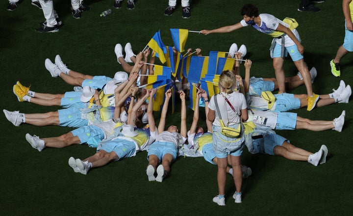 Ukrainian athletes celebrated at the closing ceremony.