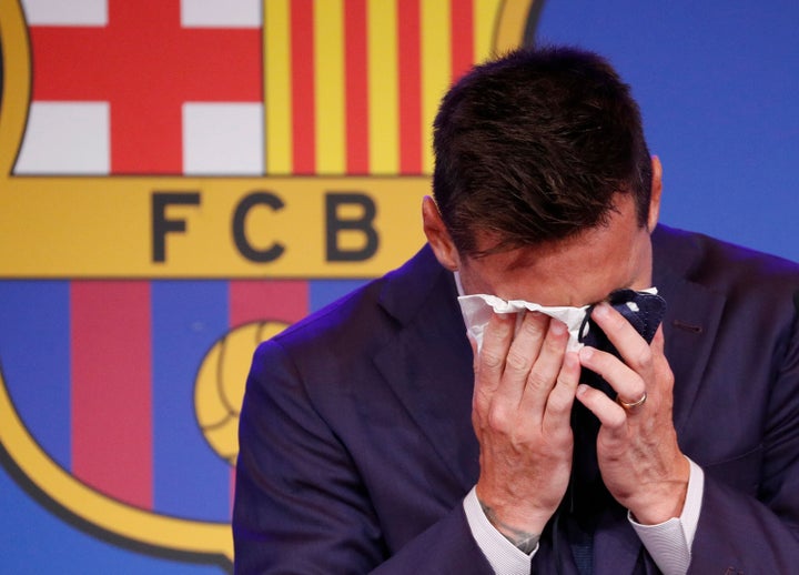 Lionel Messi, seen at a press conference Sunday, cried as he said he was not ready to leave Barcelona's football club.