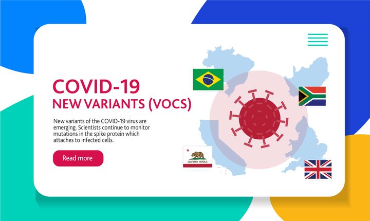 Vector illustration of a Covid-19 Variant web banner design template with placement text and origin areas of the virus mutation. Easy to edit vector template. Includes flags and maps of areas. Download includes vector eps 10 and high resolution jpg.