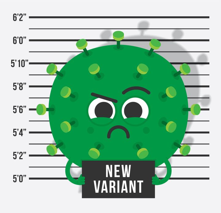Mug shot of a mutated Covid-19 virus. A new variant of coronavirus, covid-19 delta variant, pandemic concept vector illustration.
