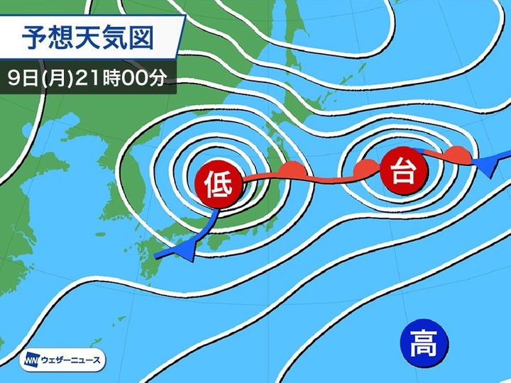 予想天気図 9日(月)21時