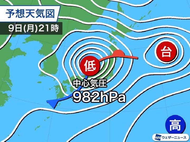 予想天気図 9日(月)21時