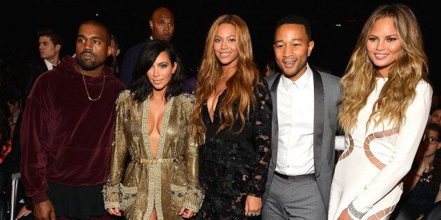 LOS ANGELES, CA - FEBRUARY 08: (L-R) Kanye West, Kim Kardashian, Beyonce, John Legend and Chrissy Teigen onstage during The 57th Annual GRAMMY Awards at the STAPLES Center on February 8, 2015 in Los Angeles, California. (Photo by Lester Cohen/WireImage)