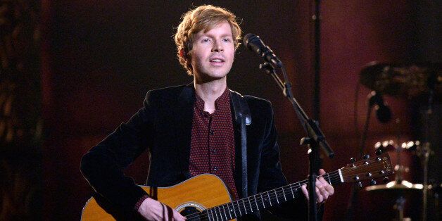 LOS ANGELES, CA - FEBRUARY 08: Recording artist Beck performs 'Heart Is a Drum' onstage during The 57th Annual GRAMMY Awards at the at the STAPLES Center on February 8, 2015 in Los Angeles, California. (Photo by Kevork Djansezian/Getty Images)