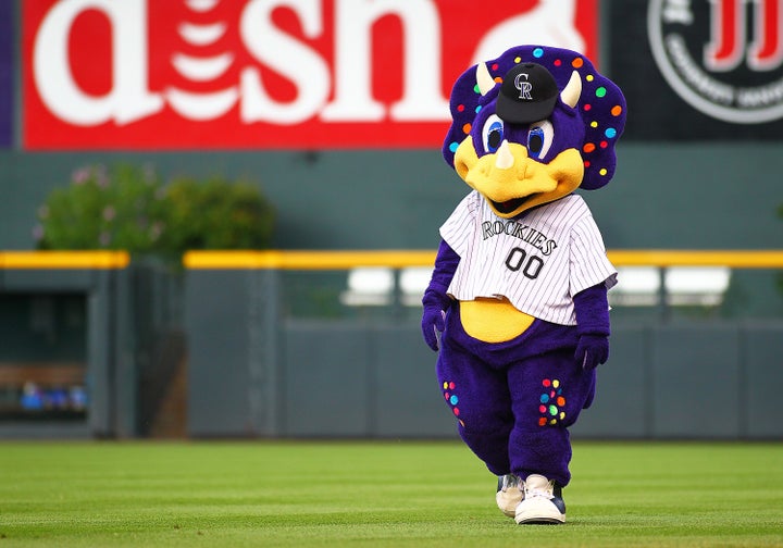 The Rockies mascot Dinger walks on the field prior to a game between the Colorado Rockies and the visiting Miami Marlins at Coors Field in Denver.