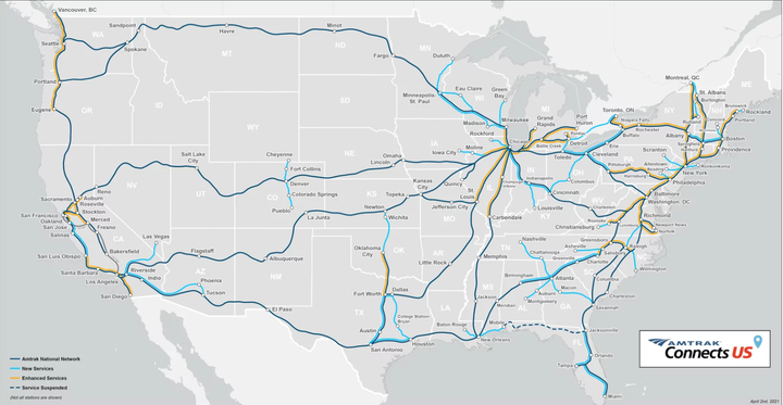 A map released by Amtrak earlier this year shows the possibility of new and enhanced rail connections across the United States with more federal funding. 