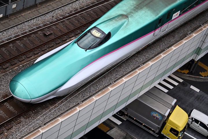 A "shinkansen" E5 series, or high-speed bullet train, is seen in Tokyo.