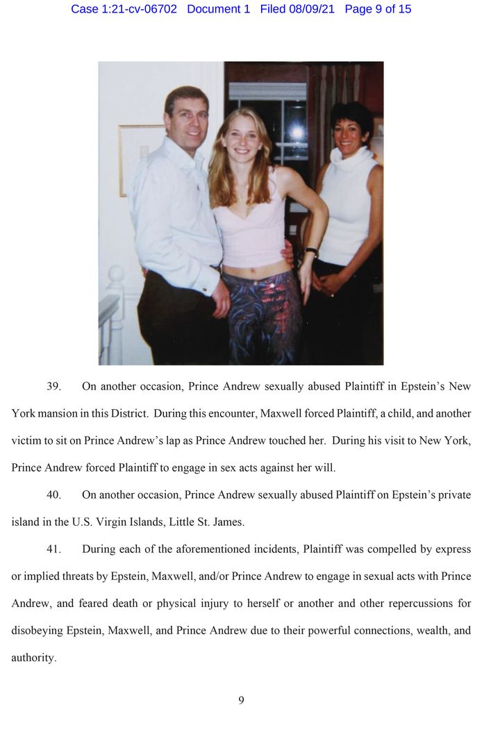 A page, showing a picture of the Duke of York, Virginia Giuffre, and Ghislaine Maxwell, from the legal action brought in the US by Jeffrey Epstein-accuser Virginia Giuffre against the Duke of York which says that it was "past the time for him to be held to account" for allegedly sexually assaulting her when she was a teenager. 