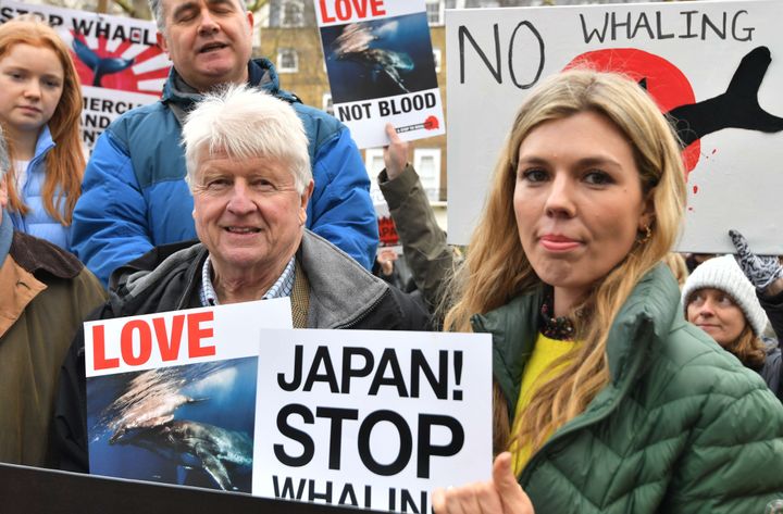 Stanley Johnson and Carrie Johnson at an anti-whaling protest outside the Japanese Embassy in central London