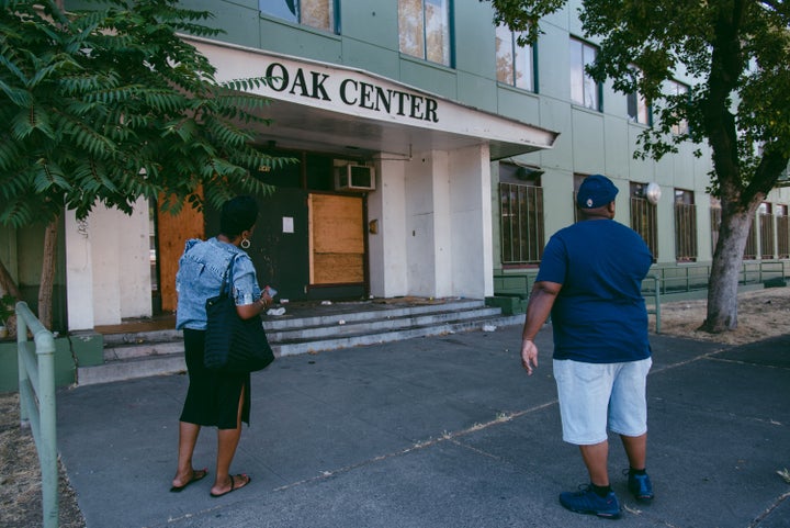 Tashante McCoy-Ham and Deion Short at the intersection where she was shot in downtown Stockton, Califonia, on June 23, 2021.