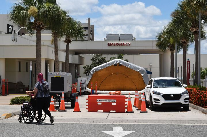 A treatment tent outside the emergency department at Holmes Regional Medical Center in Melbourne, Florida, on July 29.