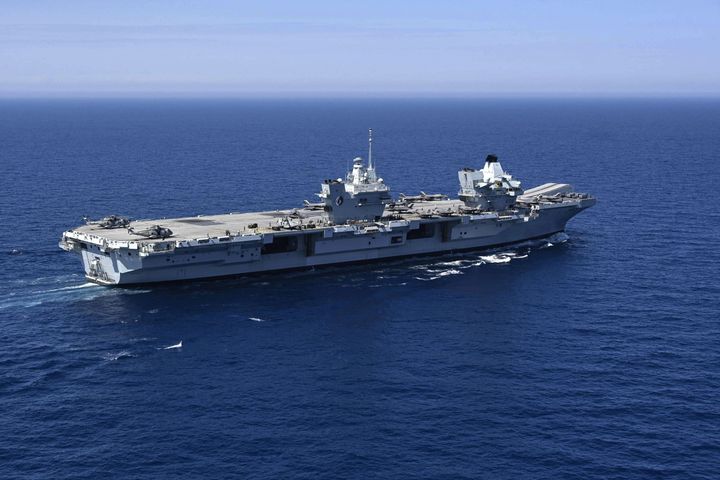 The Royal Navy's aircraft carrier HMS Queen Elizabeth sails during the Navy exercise "Gallic strike" off the coast of Toulon, south-eastern France