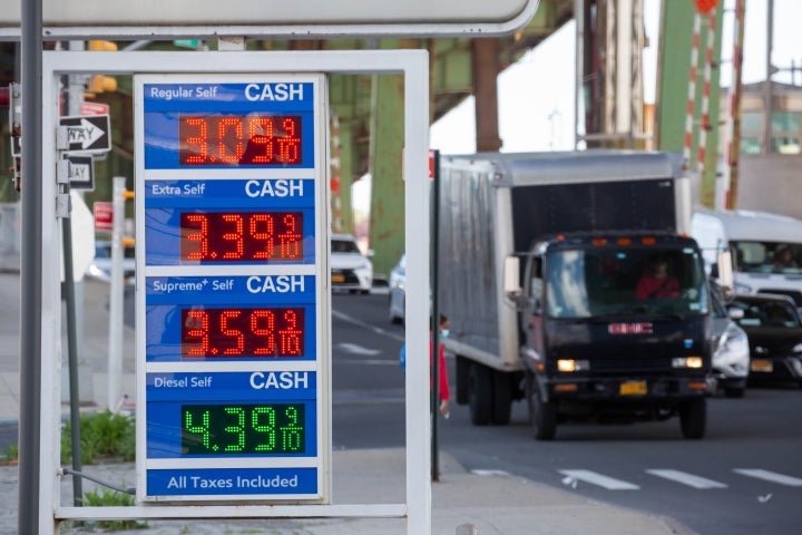 Gas prices at an Exxon Mobil station in the Brooklyn, New York, in May.