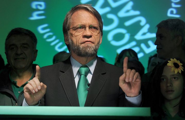 Presidential candidate for the Green Party Antanas Mockus, gestures during a speech after loosing the presidential election runoff with Juan Manuel Santos on June 20, 2010 in Bogota, Colombia. Conservative ex-defense minister Juan Manuel Santos handily won Colombia's presidential runoff vote Sunday with a whopping 69.2 percent of the vote. AFP PHOTO/ Guillermo LEGARIA (Photo credit should read GUILLERMO LEGARIA/AFP/Getty Images)