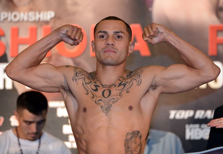 MANHATTAN BEACH, CA - OCTOBER 12: Mike Alvarado poses during his weigh in at 139.8 pounds before his fight against Brandon Rios at Manhattan Beach Marriott Hotel on October 12, 2012 in Manhattan Beach, California. (Photo by Harry How/Getty Images)