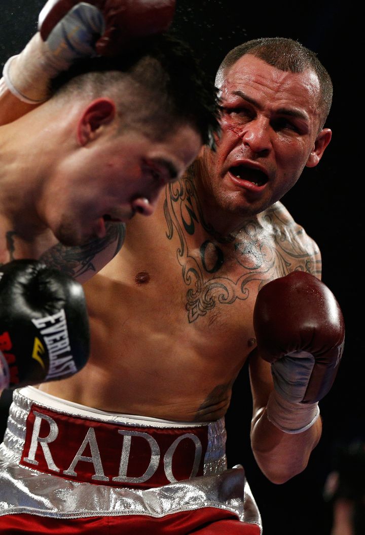 LAS VEGAS, NV - MARCH 30: (R-L) Mike Alvarado lands a right to the head of Brandon Rios in their WBO interim junior welterweight championship bout at the Mandalay Bay Events Center on March 30, 2013 in Las Vegas, Nevada. (Photo by Josh Hedges/Getty Images)