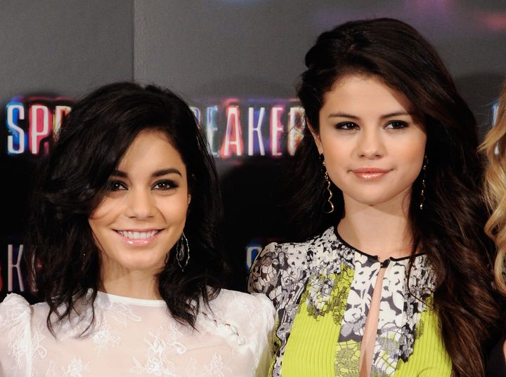 MADRID, SPAIN - FEBRUARY 21: (L-R) Vanessa Hudgens and Selena Gomez attend a photocall for Spring Breakers at the Villamagna Hotel on February 21, 2013 in Madrid, Spain. (Photo by Fotonoticias/WireImage)