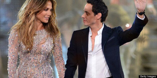 LAS VEGAS, NV - MAY 26: Singer/actress Jennifer Lopez (L) and singer Marc Anthony appear during the finale of the Q'Viva! The Chosen Live show at the Mandalay Bay Events Center on May 26, 2012 in Las Vegas, Nevada. (Photo by Ethan Miller/Getty Images)