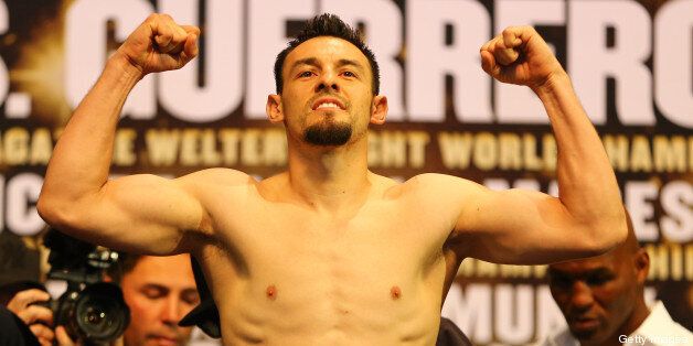 LAS VEGAS, NV - MAY 03: Robert Guerrero weighs in at 147 pounds for his fight against Floyd Mayweather for the WBC and Vacant Ring Magazine Welterweight titles at the MGM Grand Hotel/Casino on May 3, 2013 in Las Vegas, Nevada. (Photo by Al Bello/Getty Images) 