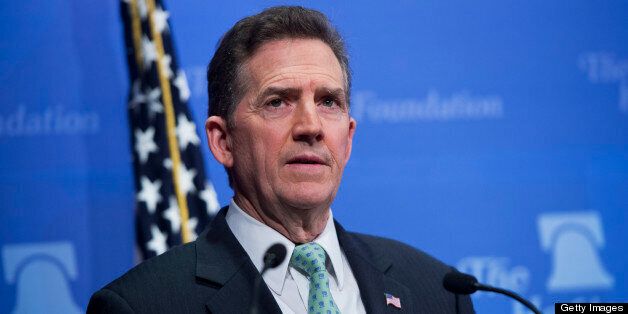 UNITED STATES - MAY 6: Former Sen. Jim DeMint, R-S.C., president of the Heritage Foundation, conducts a news conference at the Foundation's offices to discuss the U.S. Senate's 'Gang of Eight' immigration bill and how the amnesty portion would have negative effects on the economy. (Photo By Tom Williams/CQ Roll Call)