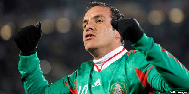Mexico's striker Cuauhtemoc Blanco celebrates after scoring his team's second goal against France from the penalty spot during the 2010 World Cup group A first round football match between Mexico and France on June 17, 2010 at Peter Mokaba stadium in Polokwane. NO PUSH TO MOBILE / MOBILE USE SOLELY WITHIN EDITORIAL ARTICLE - AFP PHOTO / OMAR TORRES (Photo credit should read OMAR TORRES/AFP/Getty Images)