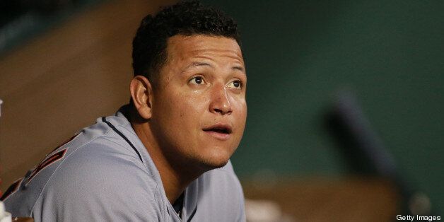 ARLINGTON, TX - MAY 19: Miguel Cabrera #24 of the Detroit Tigers watches the video board replay of his home run in the fifth inning against the Texas Rangers at Rangers Ballpark in Arlington on May 19, 2013 in Arlington, Texas. (Photo by Rick Yeatts/Getty Images)
