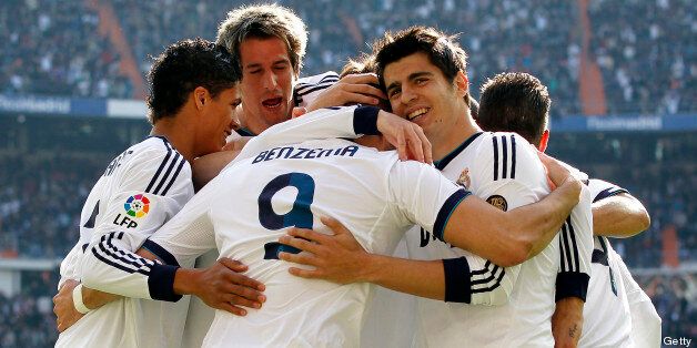 MADRID, SPAIN - MARCH 02: Real Madrid players celebrate after scoring during the La Liga match between Real Madrid and FC Barcelona at Estadio Santiago Bernabeu on March 2, 2013 in Madrid, Spain. (Photo by Victor Carretero/Real Madrid via Getty Images)
