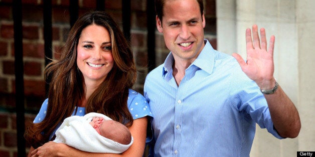 LONDON, ENGLAND - JULY 23: Prince William, Duke of Cambridge and Catherine, Duchess of Cambridge, depart The Lindo Wing with their newborn son at St Mary's Hospital on July 23, 2013 in London, England. The Duchess of Cambridge yesterday gave birth to a boy at 16.24 BST and weighing 8lb 6oz, with Prince William at her side. The baby, as yet unnamed, is third in line to the throne and becomes the Prince of Cambridge. (Photo by Scott Heavey/Getty Images)