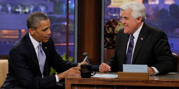 THE TONIGHT SHOW WITH JAY LENO -- Episode 4511 -- Pictured: (l-r) President Barack Obama during an interview with host Jay Leno on August 6, 2013 -- (Photo by: Paul Drinkwater/NBC/NBCU Photo Bank via Getty Images)