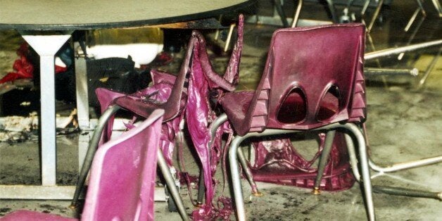 369420 07: The cafeteria after the wake of bombs and bullets from the Columbine High School massacre April 20, 1999 in Littleton, CO. The photographs of the incident were released in a voluminous CD-ROM report May 15, 2000. (Photo Courtesy of Jefferson County Sheriff)