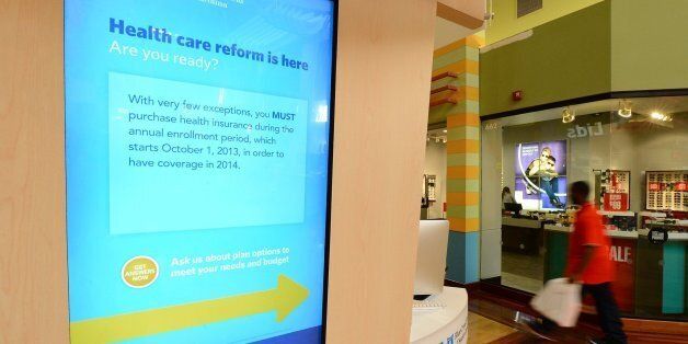 A screen at the BlueCross BlueShield of North Carolina station at Concord Mills alerts shoppers to the fact that health care reform is here on Tuesday, October 1, 2013, as it is the first day of enrollment for Obamacare. (Jeff Siner/Charlotte Observer/MCT via Getty Images)