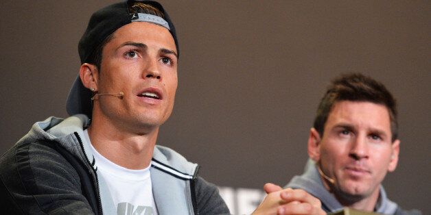 ZURICH, SWITZERLAND - JANUARY 13: FIFA Ballon d'Or nominees (L-R) Cristiano Ronaldo of Portugal and Real Madrid and Lionel Messi of Argentina and Barcelona attend a press conference prior to the FIFA Ballon d'Or Gala 2013 at the Kongresshaus on January 13, 2014 in Zurich, Switzerland. (Photo by Stuart Franklin - FIFA/FIFA via Getty Images)