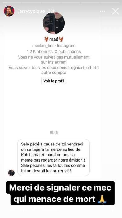 Jarry partage le message homophobe d'un internaute sur Instagram