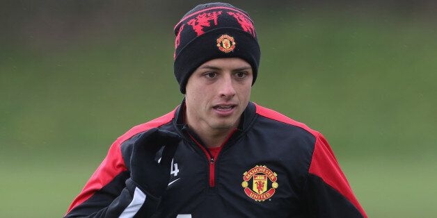 MANCHESTER, ENGLAND - FEBRUARY 21: Javier 'Chicharito' Hernandez of Manchester United in action during a first team training session at Aon Training Complex on February 21, 2014 in Manchester, England. (Photo by John Peters/Man Utd via Getty Images)