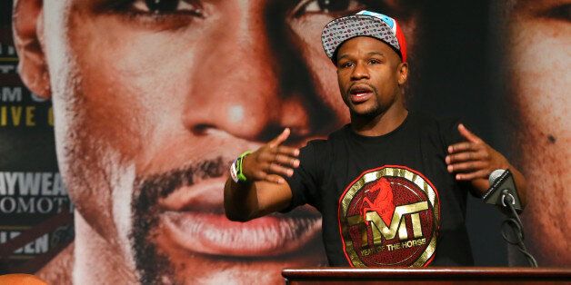LAS VEGAS, NV - MARCH 8: WBC welterweight champion Floyd Mayweather speaks at the press conference announcing his fight against Marcos Maidana (not shown) at the MGM Grand Garden - Studio A&B on March 8, 2014 in Las Vegas, Nevada. (Photo by Ed Mulholland/Golden Boy/Golden Boy via Getty Images)