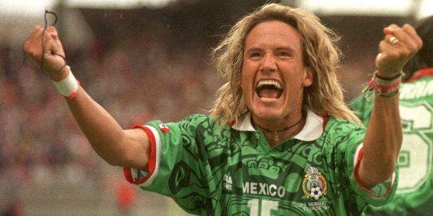 Mexico's Luis Hernandez celebrates Mexico's second goal, which he scored, against South Korea in their Group E, World Cup 98, soccer match at Gerland stadium in Lyon, Saturday, June 13 1998. (AP Photo/Denis Dpyle)