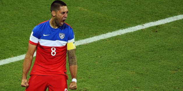 NATAL, BRAZIL - JUNE 16: Clint Dempsey of the United States celebrates after scoring his team's first goal during the 2014 FIFA World Cup Brazil Group G match between Ghana and the United States at Estadio das Dunas on June 16, 2014 in Natal, Brazil. (Photo by Laurence Griffiths/Getty Images)