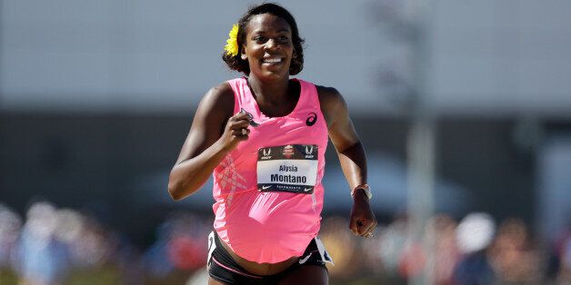 SACRAMENTO, CA - JUNE 26: A pregnant Alysia Montano runs in the opening round of the women's 800 meter run during day 2 of the USATF Outdoor Championships at Hornet Stadium on June 26, 2014 in Sacramento, California. (Photo by Ezra Shaw/Getty Images)