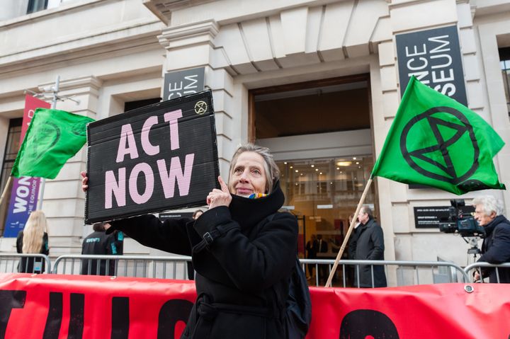 Activists from Extinction Rebellion and Stop HS2 gather outside Science Museum