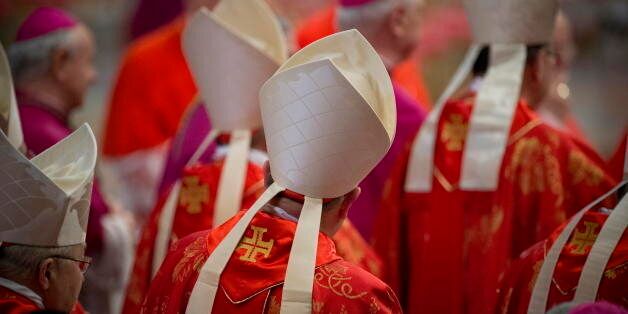 The back of Timothy Cardinal Dolans hat at the Pro Eligendo Pontiface Mass which is celebrated just prior to the Cardinals leaving St Peters and sealing themselves in for the Conclave to elect who would be the next pope; Pope Francis