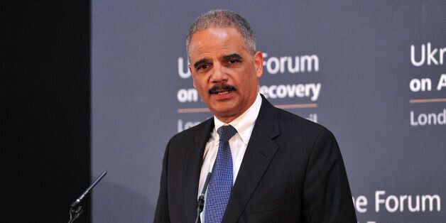 United States Attorney General Eric Holder gives his closing statement at the end of the Ukrainian Forum on Asset Recovery in London.